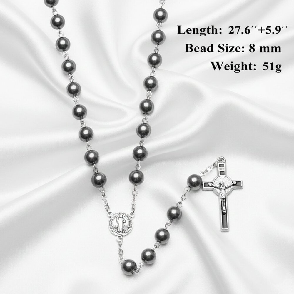 Hematite Beaded Catholic Rosary Prayer Crucifix Silver Tone Gothic Necklace NWOT - Picture 3 of 10